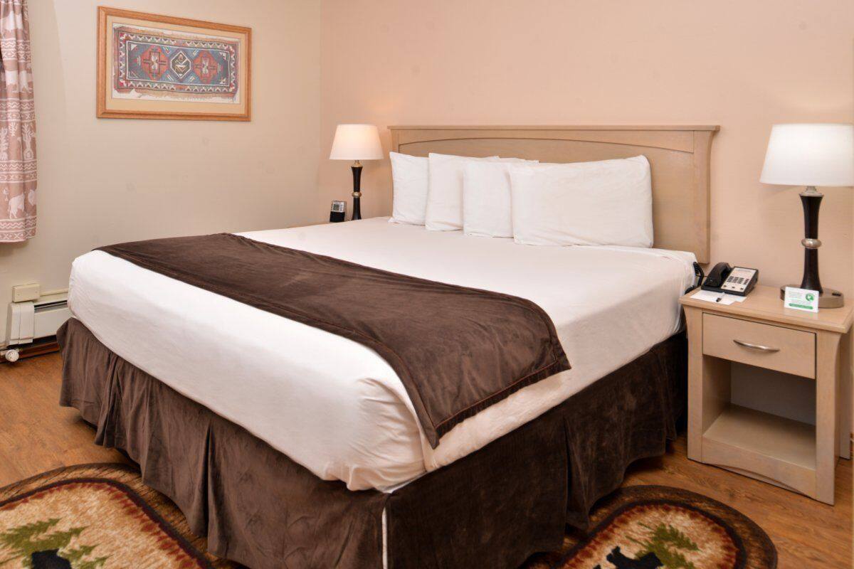 Uma cama bem arrumada com colcha marrom e travesseiros brancos, uma mesa de cabeceira com abajur e um quadro na parede.