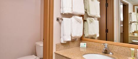 A bathroom with a toilet, sink, and towel rack.
