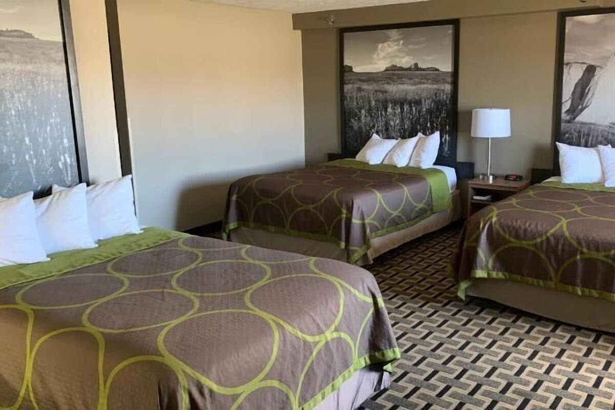 Une chambre d’hôtel avec deux lits, un sol à motifs et un tableau au mur.