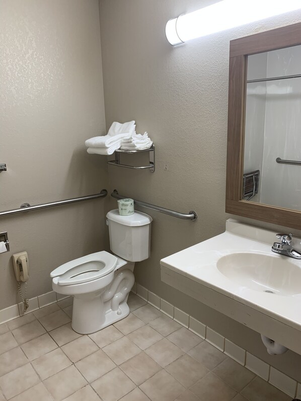 Un baño con inodoro, lavabo y barras de apoyo.