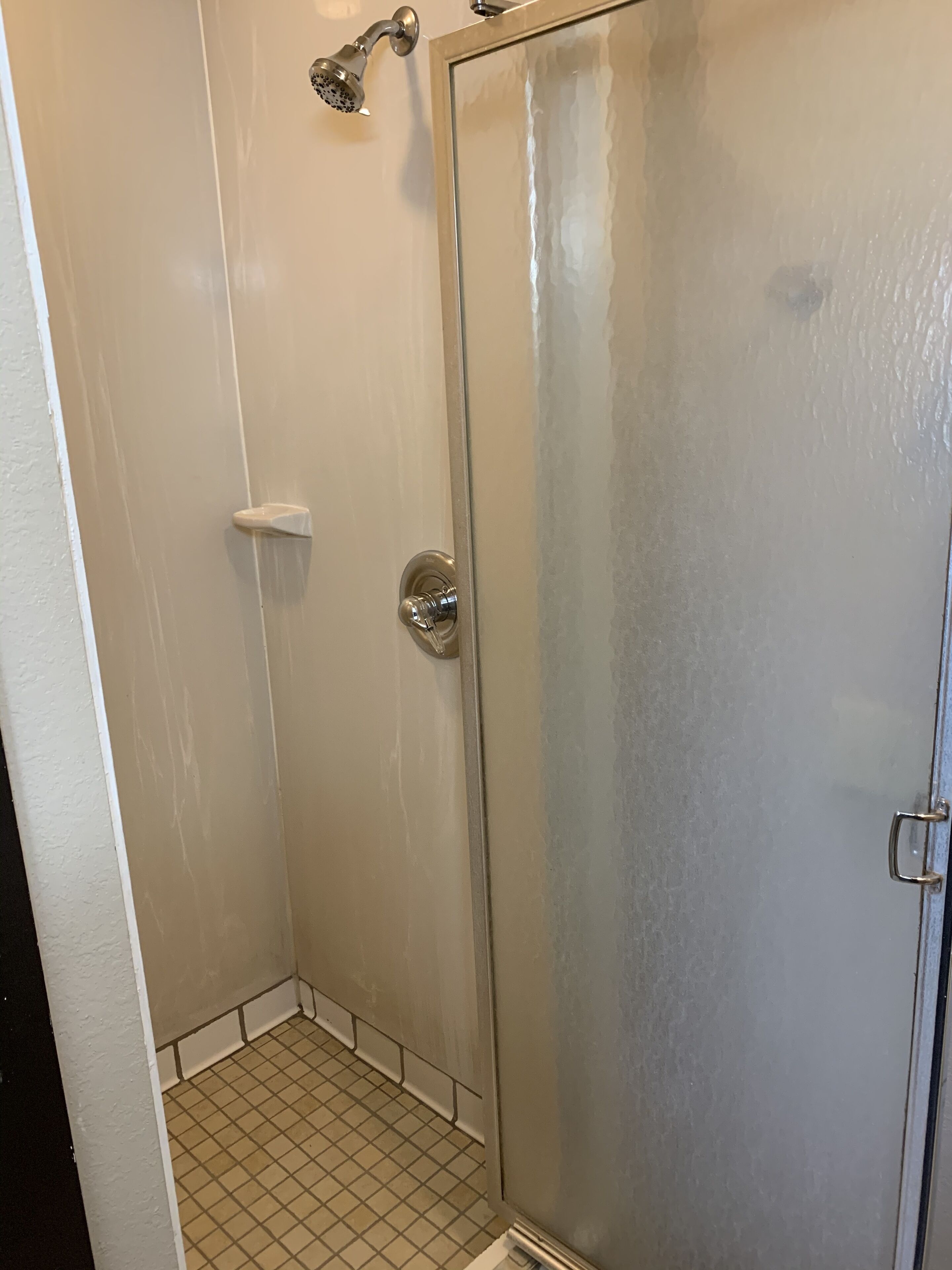 A glass-enclosed shower stall with a white tiled floor and a white door.