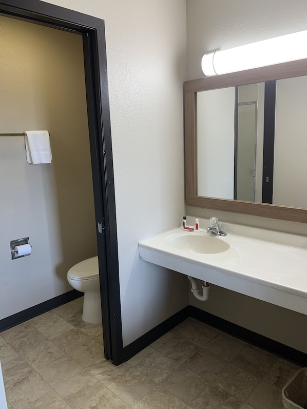 Un baño con inodoro, lavamanos y espejo.