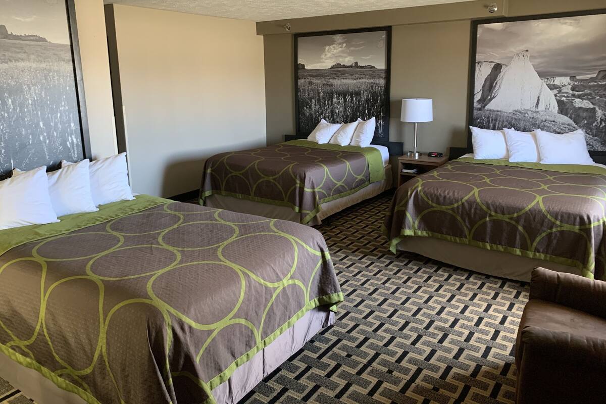Une chambre d’hôtel avec deux lits, une table de chevet, une lampe et deux grandes peintures représentant des paysages accrochées aux murs.