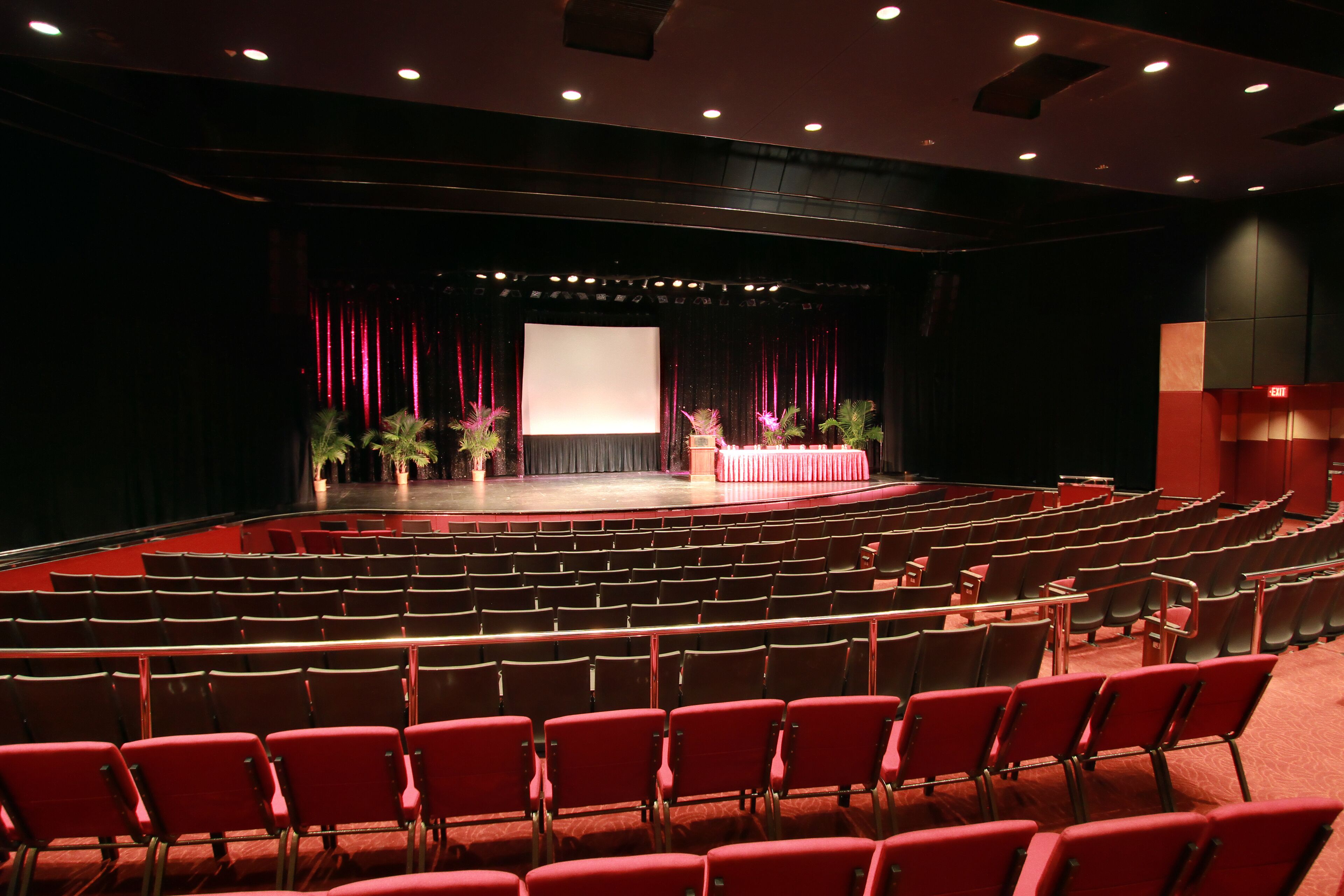 Un auditorium con file di poltrone rosse, un palco con un grande schermo e tende rosse.