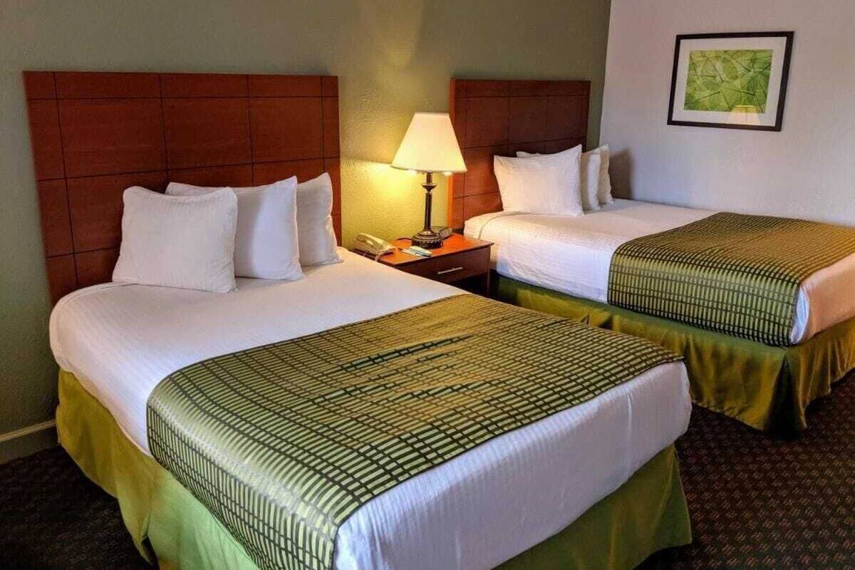 A hotel room with two beds, each with a headboard, a bedside table with a lamp, and a framed picture on the wall.