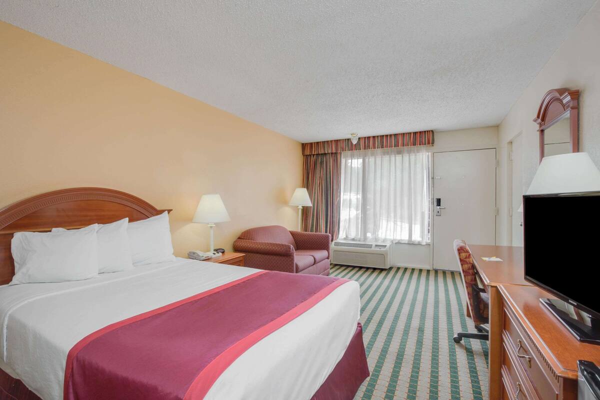 A hotel room with a bed, a desk, a television, a chair, and a window with curtains.
