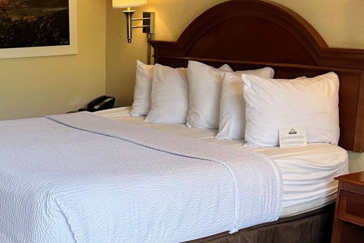 A neatly made bed with a white comforter and pillows, a wooden headboard, a bedside lamp, and a wooden floor.