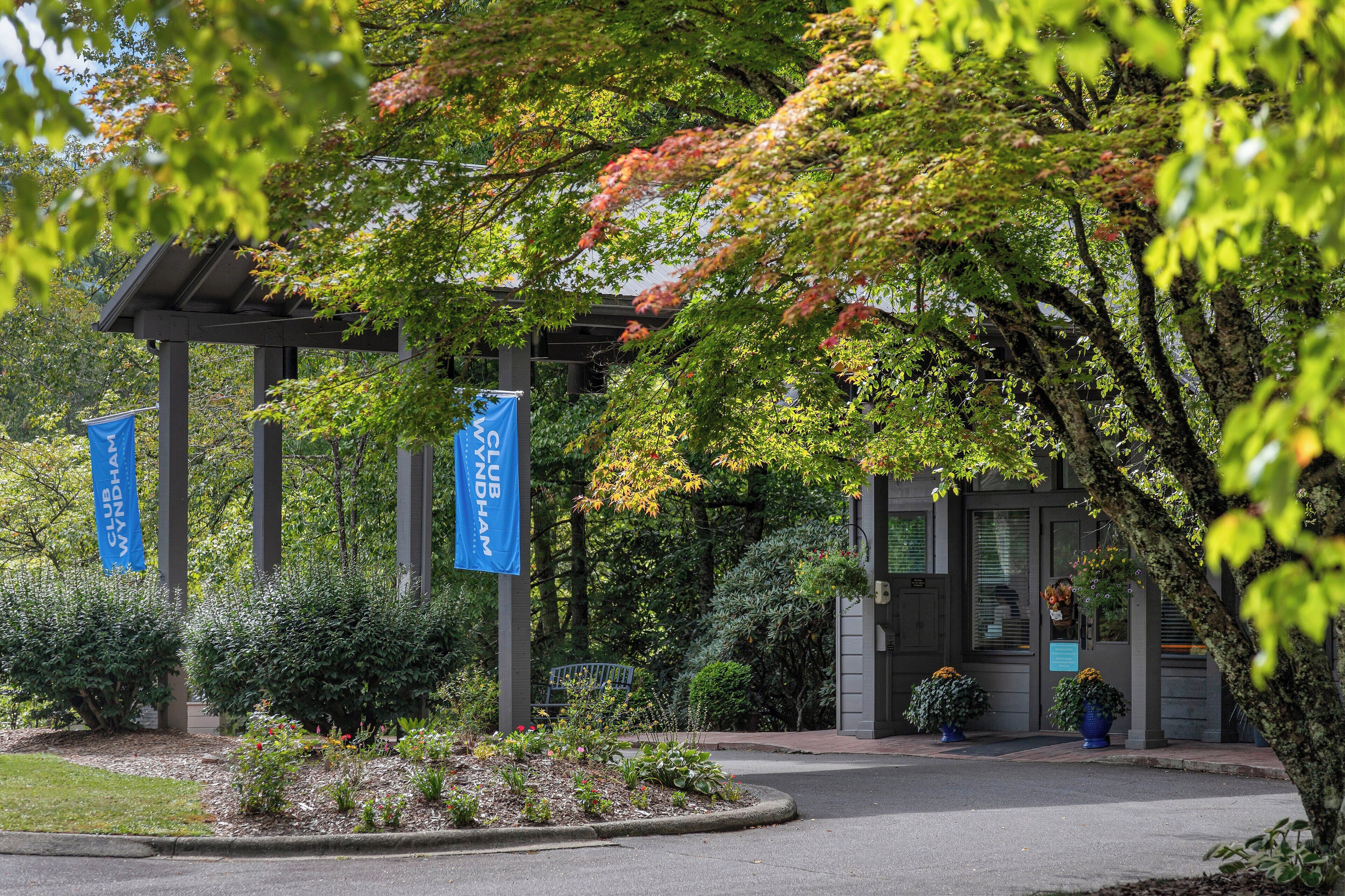 A building entrance with a covered walkway, potted plants, and blue banners.