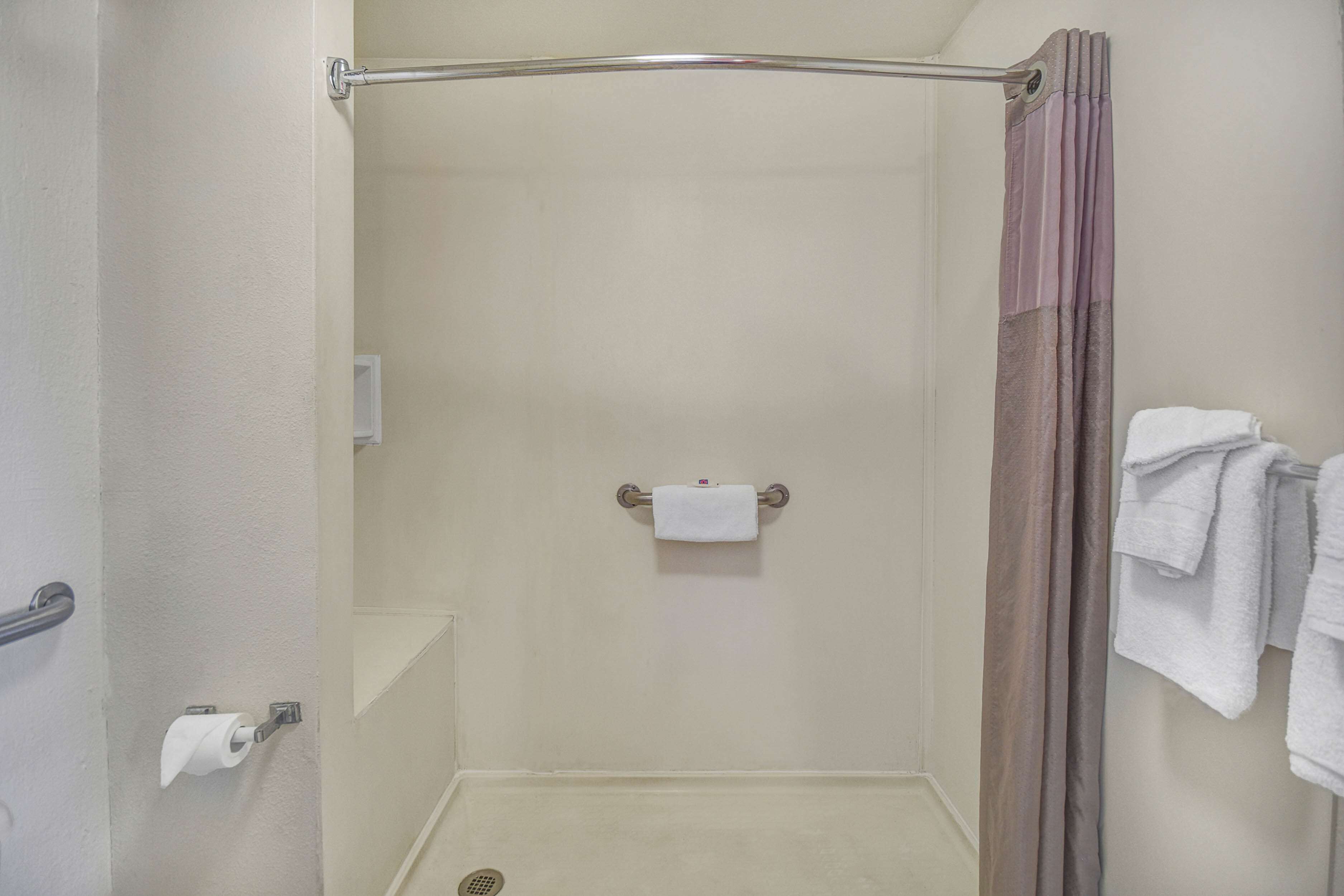 A shower area with a grab bar, a towel rack, and a toilet paper holder.