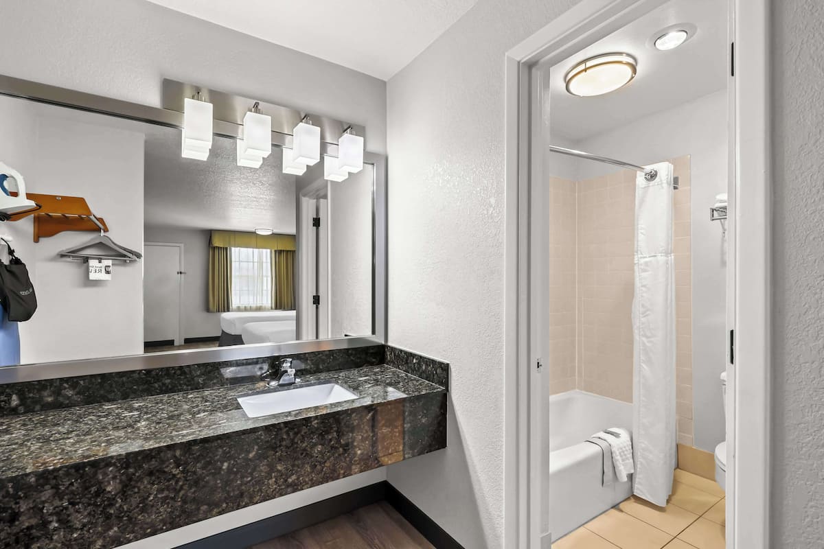 combined shower/bathtub, free toiletries, hair dryer, towels