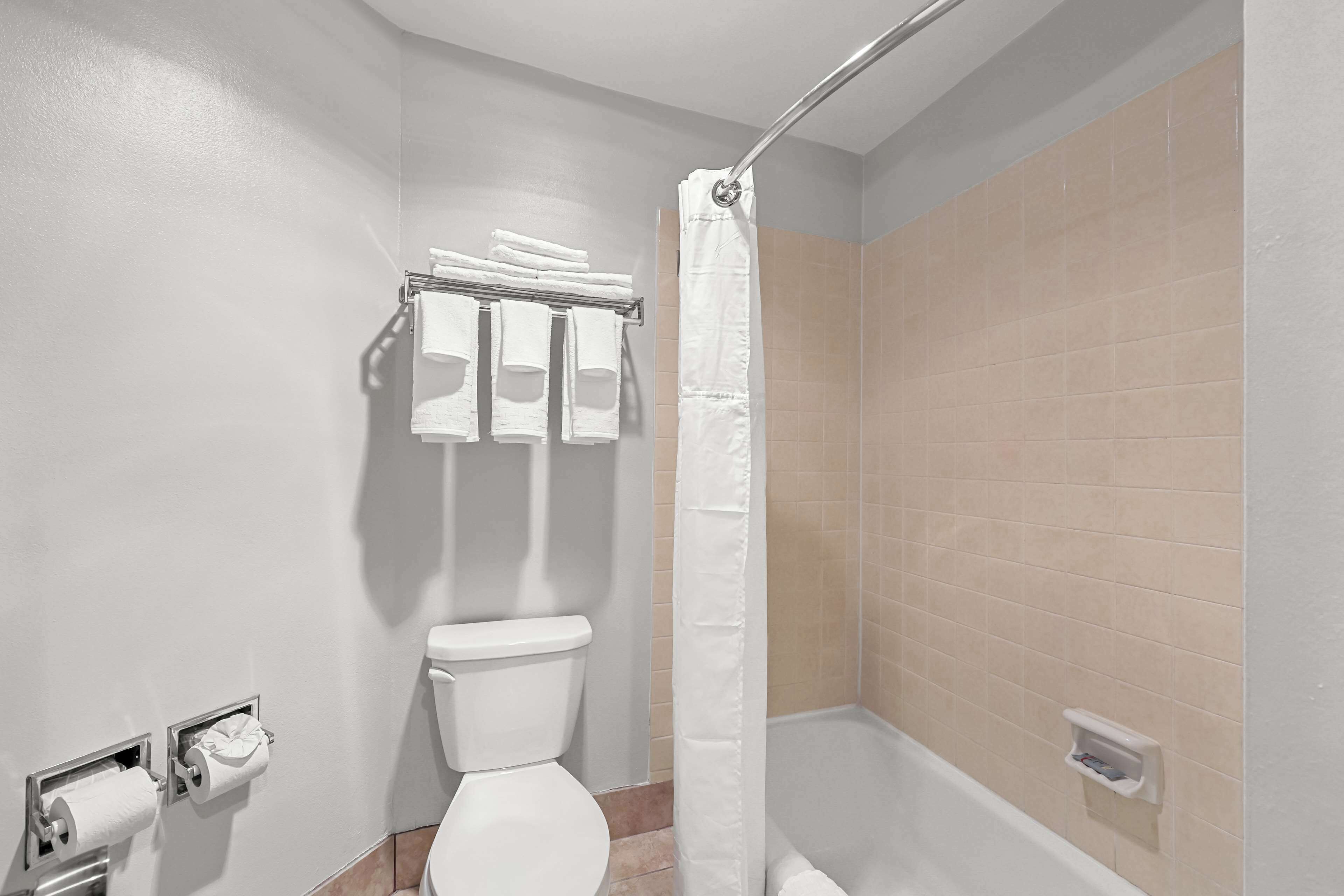 combined shower/bathtub, free toiletries, hair dryer, towels