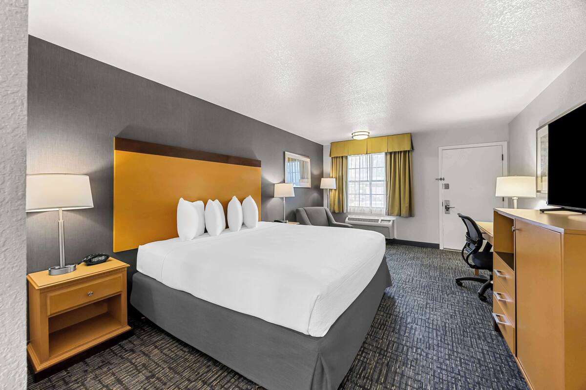 A hotel room with a large bed, a desk, a chair, a TV, and a wardrobe.
