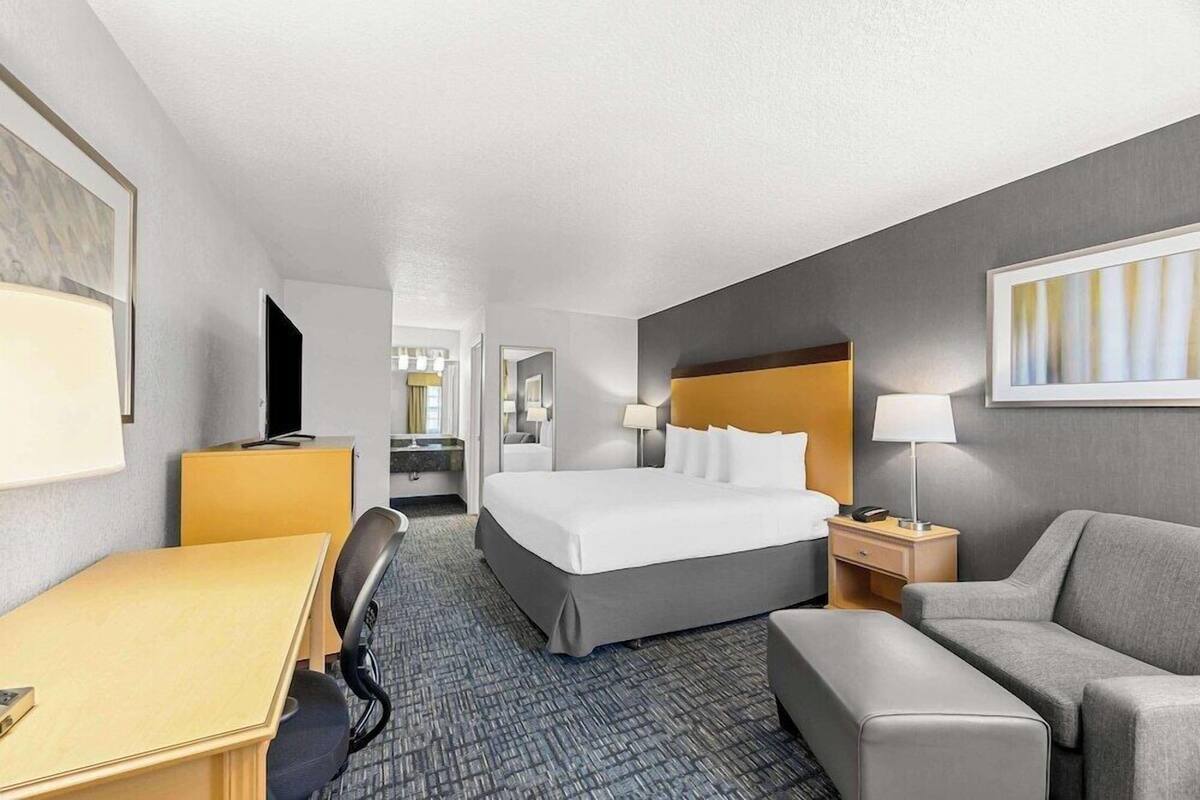 A hotel room with a bed, a desk, a chair, a sofa, and a TV.