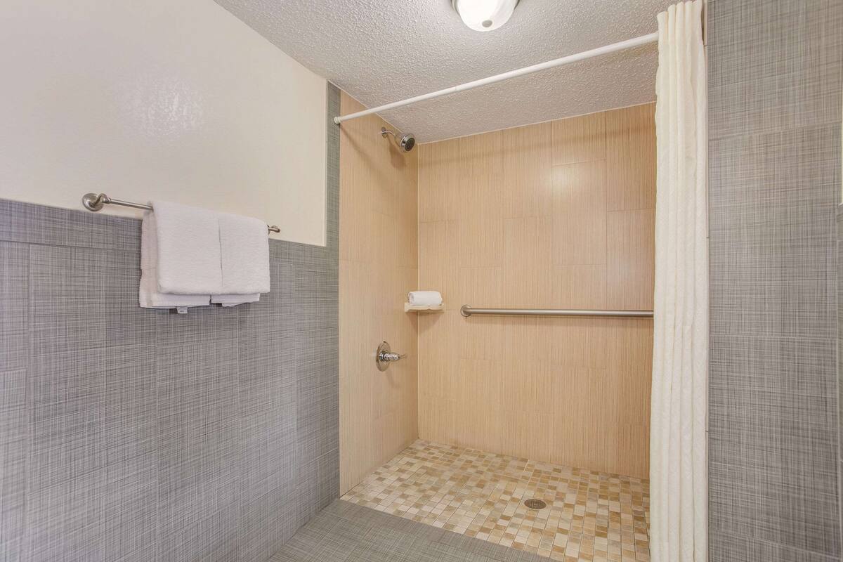A shower with a glass door, a towel rack, and a toilet paper holder.