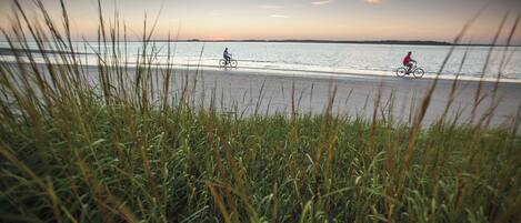 A beach with two cyclists, foreground grass, and a sunset over the water.