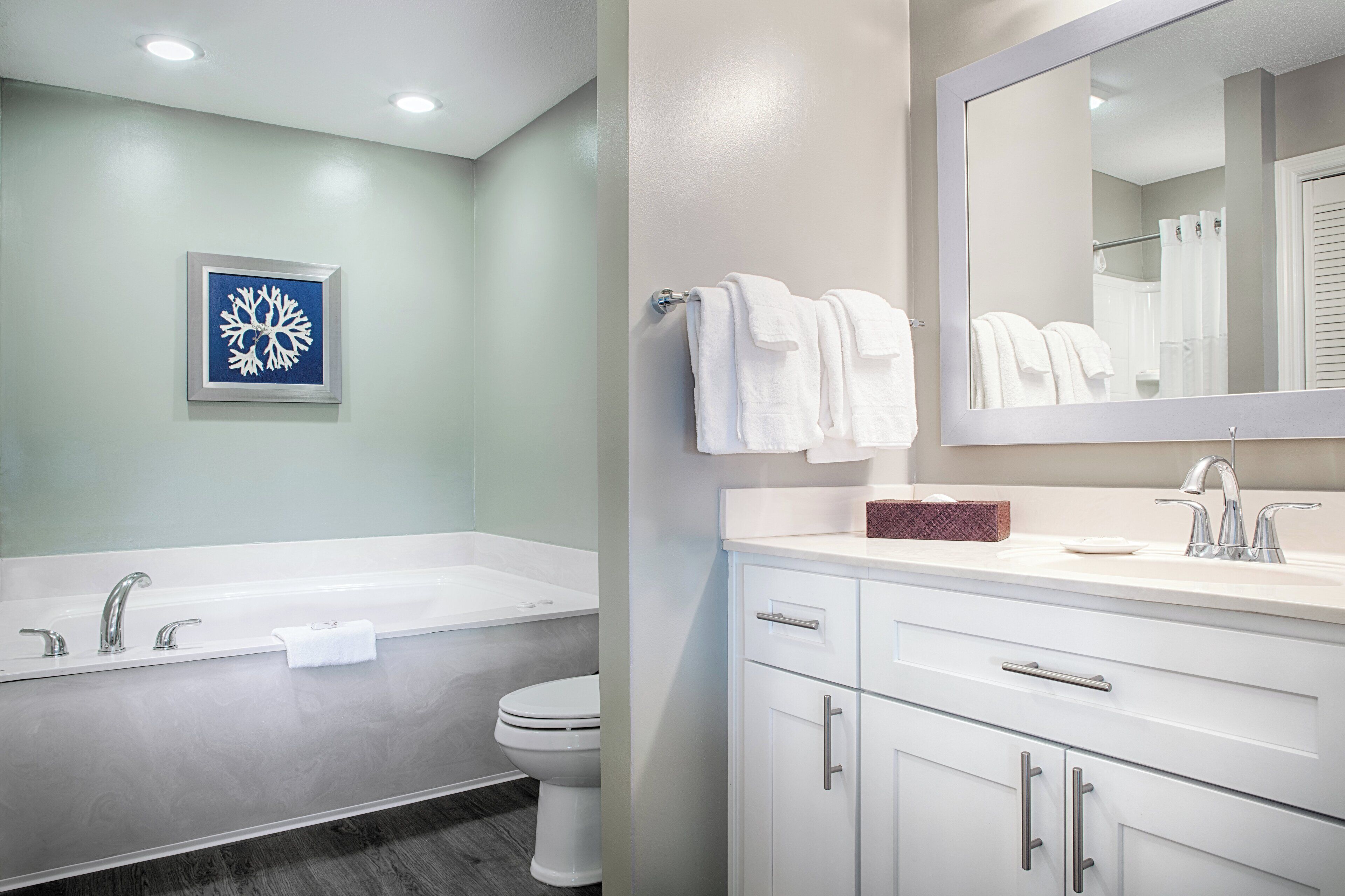 combined shower/bathtub, free toiletries, towels, shampoo