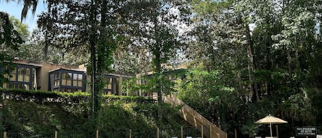 Una piscina al aire libre, sombrillas, sillones reclinables de piscina