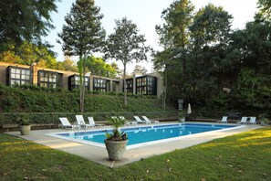 Outdoor pool, pool umbrellas, pool loungers