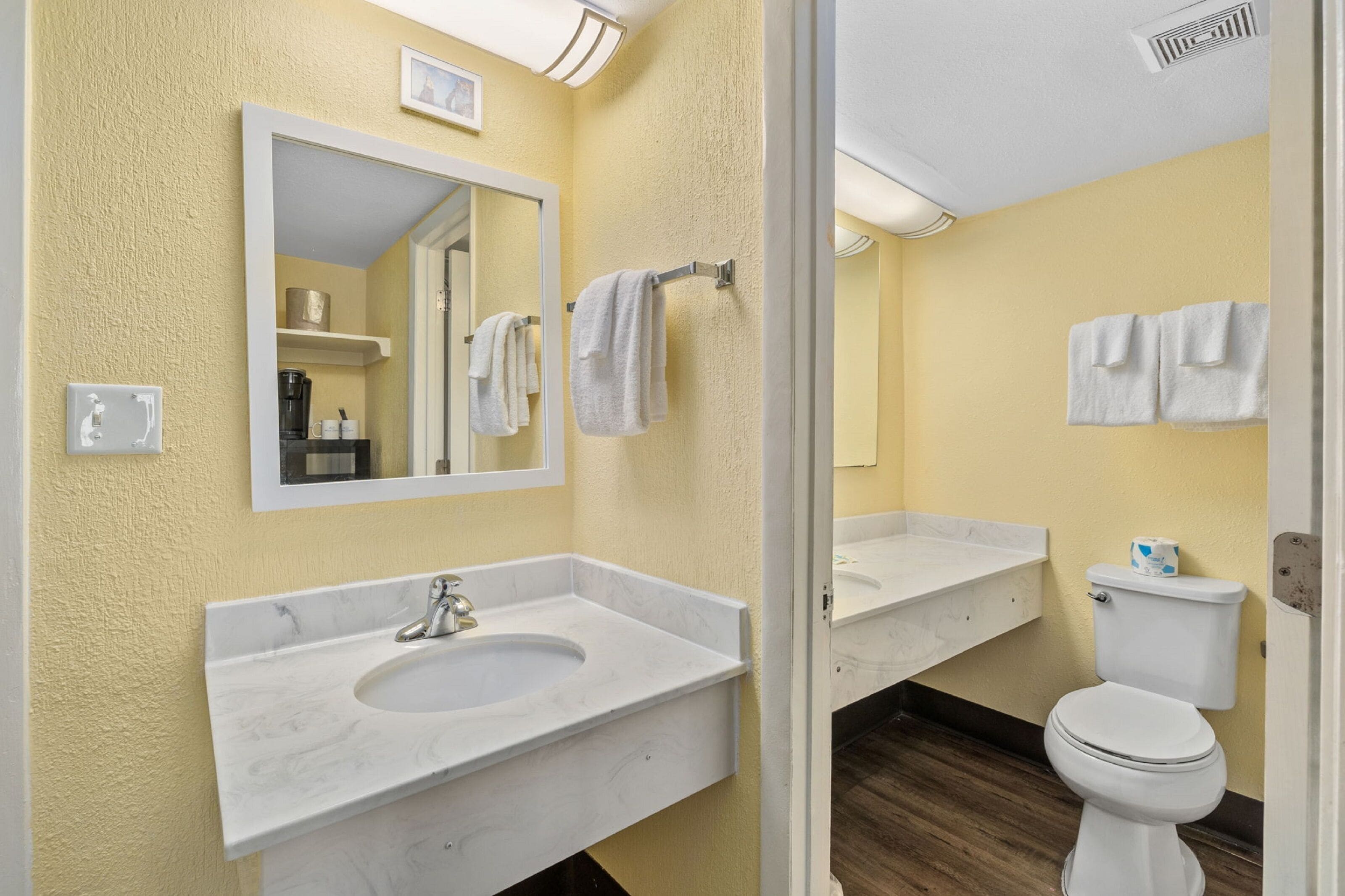 A bathroom with a marble sink, a toilet, and a mirror.