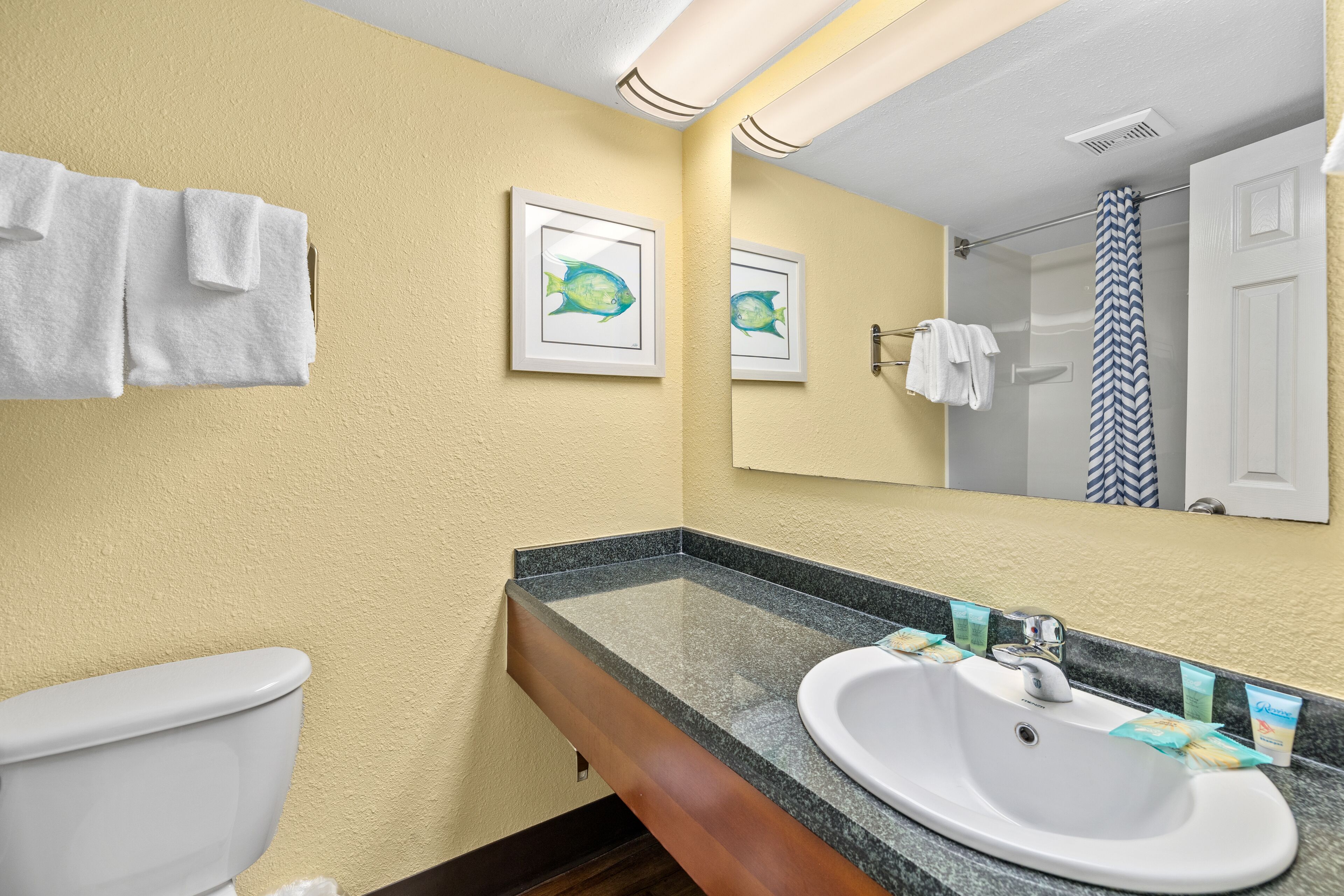 Une salle de bain avec un lavabo blanc, un miroir et deux tableaux représentant des poissons, encadrés et accrochés au mur.