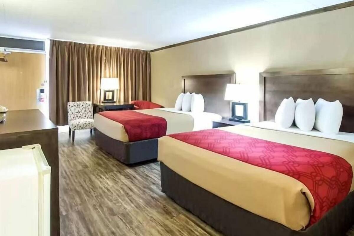 Habitación de hotel con dos camas, un escritorio, una silla y una lámpara.