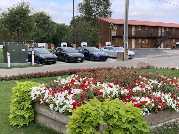 Un área de estacionamiento con autos Tesla y Tesla Model 3, un edificio de madera con techo rojo, y un cantero con flores rojas y blancas.