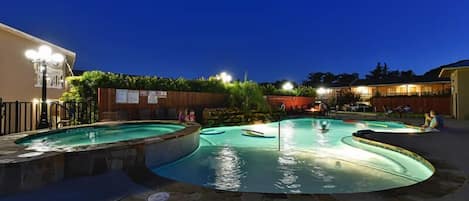 2 outdoor pools, open 10:00 AM to 10:00 PM, pool loungers