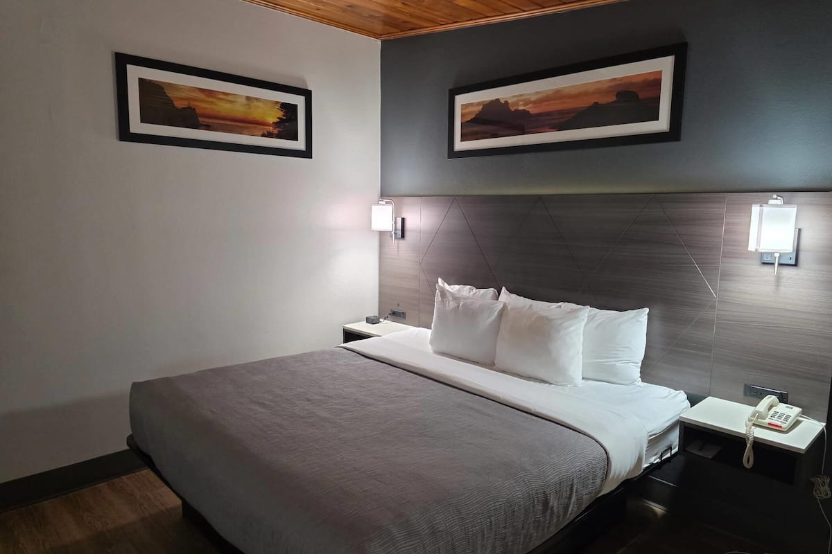A hotel room with a large bed, a wooden ceiling, two framed pictures on the walls, a bedside table with a phone, and a nightstand.