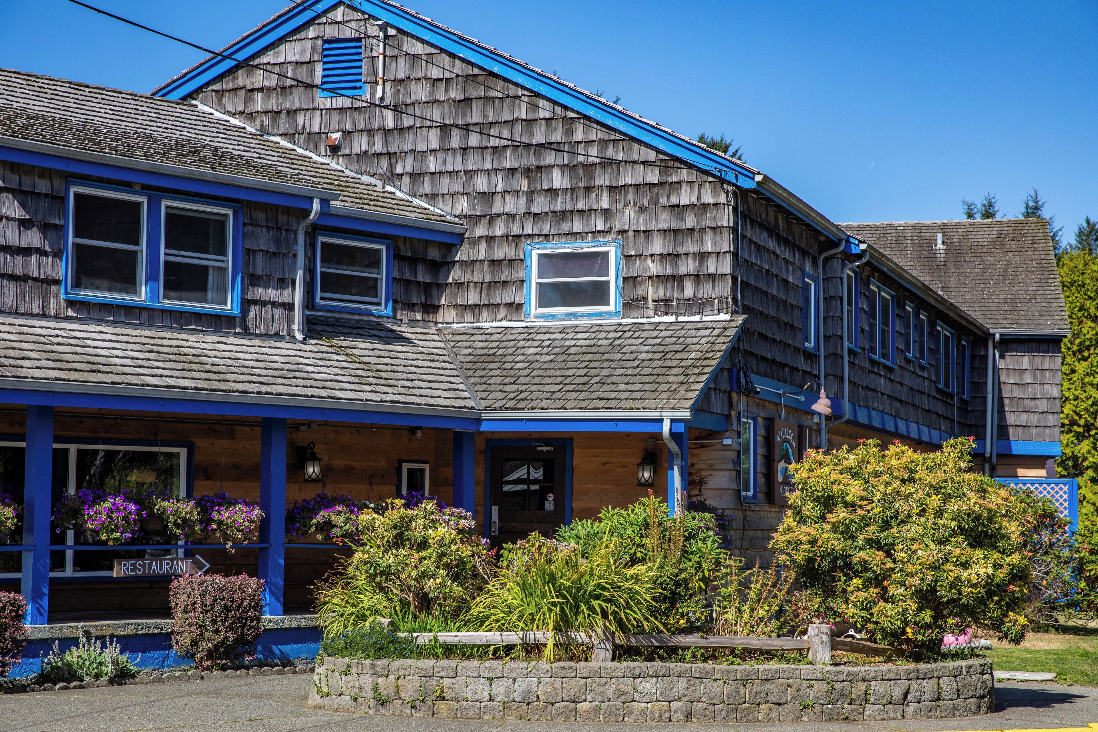 A wooden building with blue trim, a sign indicating a restaurant, and various plants in front.