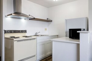 Full-sized fridge, microwave, stovetop, coffee/tea maker