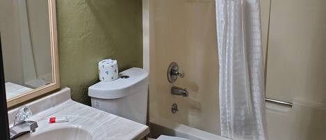 Un baño con inodoro, lavamanos y ducha.