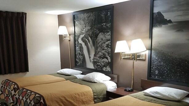 Habitación de hotel con dos camas, cada una con un cabecero estampado, un cuadro grande de una cascada en la pared y dos lámparas fijadas a la pared.
