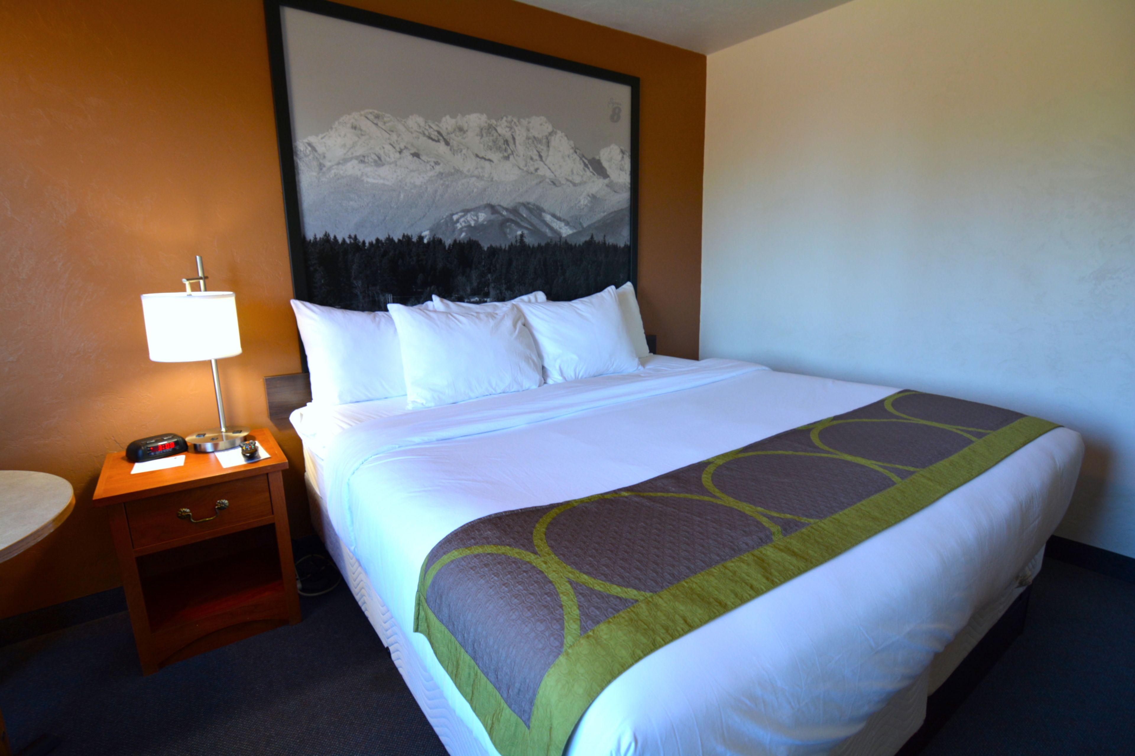 A hotel room with a large bed, a nightstand with a lamp, and a mountain landscape painting on the wall.