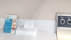 A kitchen with a coffee maker, spice jars, and a tissue box.
