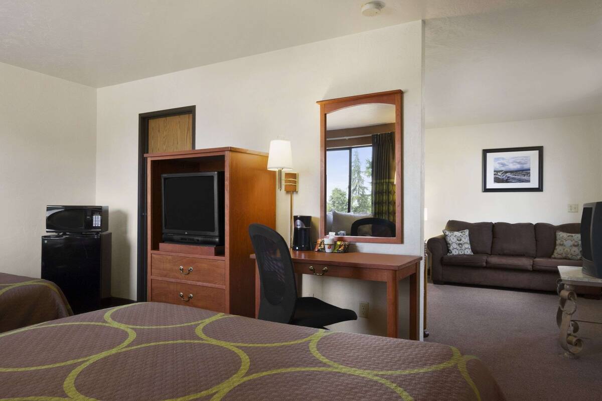 Ein Hotelzimmer mit einem Bett, einem Schreibtisch mit Stuhl, einem Fernseher, einer Mikrowelle und einem Sofa.