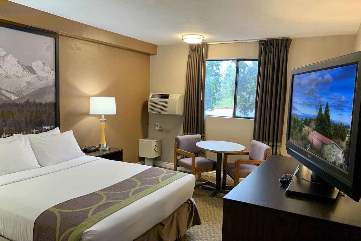 Ein Hotelzimmer mit einem Bett, einem Schreibtisch mit Fernseher, einem Sessel, einer Lampe, einer Klimaanlage und einem Fenster mit Vorhängen.