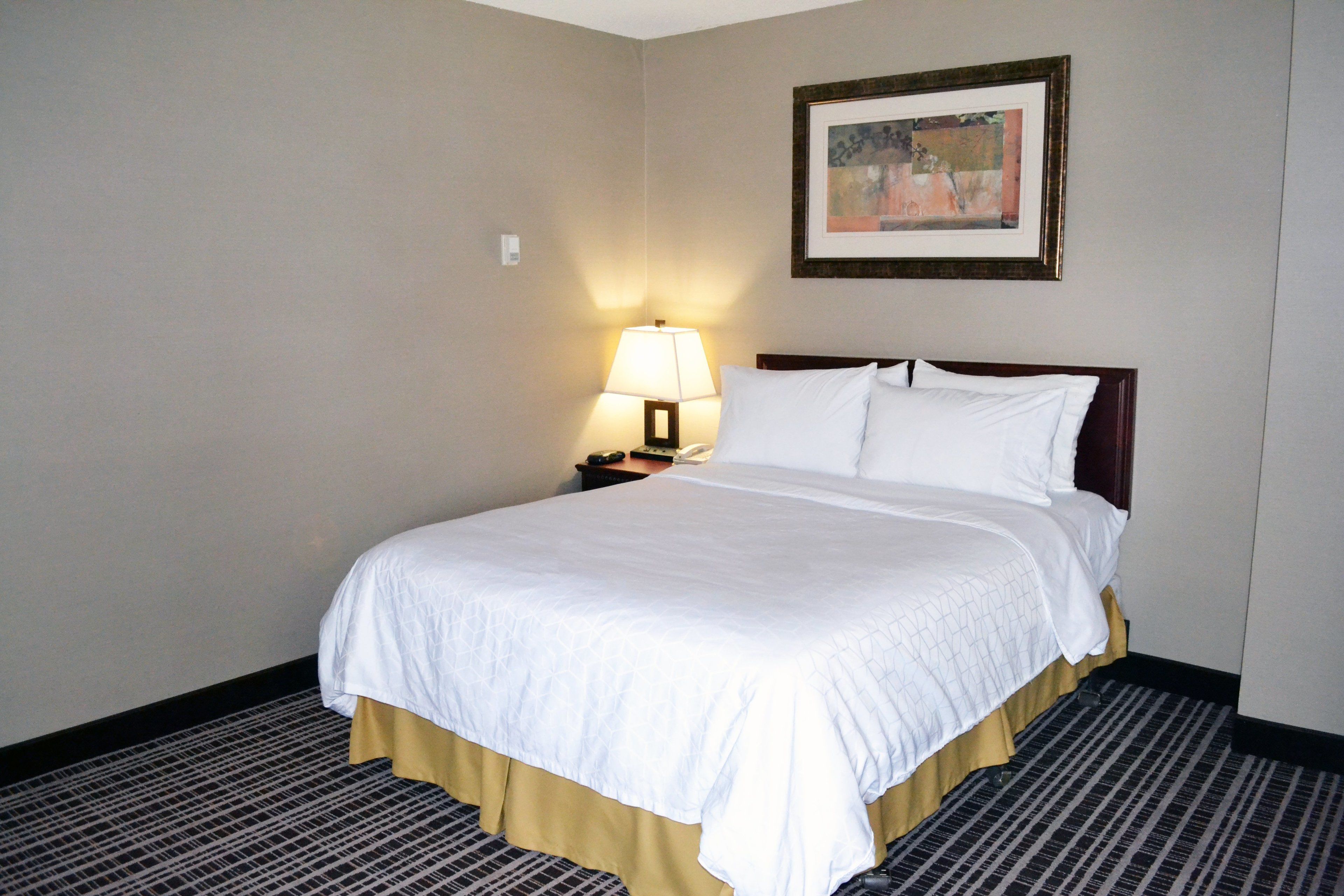 A hotel room with a bed, a nightstand, a lamp, and a framed picture on the wall.