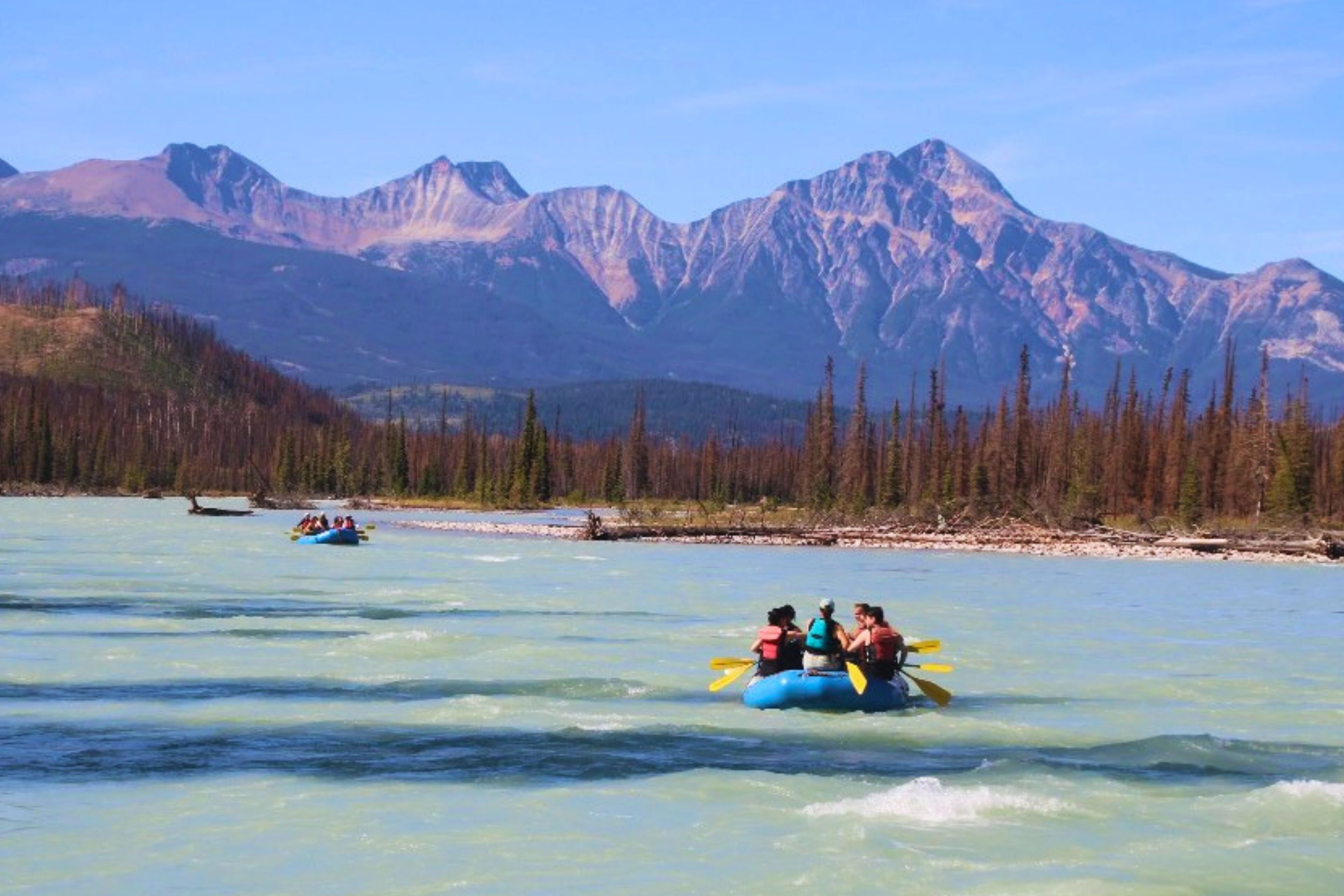 A group of people rafting on a river with mountains in the background.