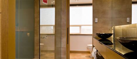 A modern bathroom with a glass shower enclosure, a toilet, and a sink with a large mirror.