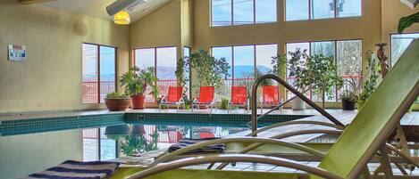 Una piscina interior con sillones de descanso y plantas en macetas.