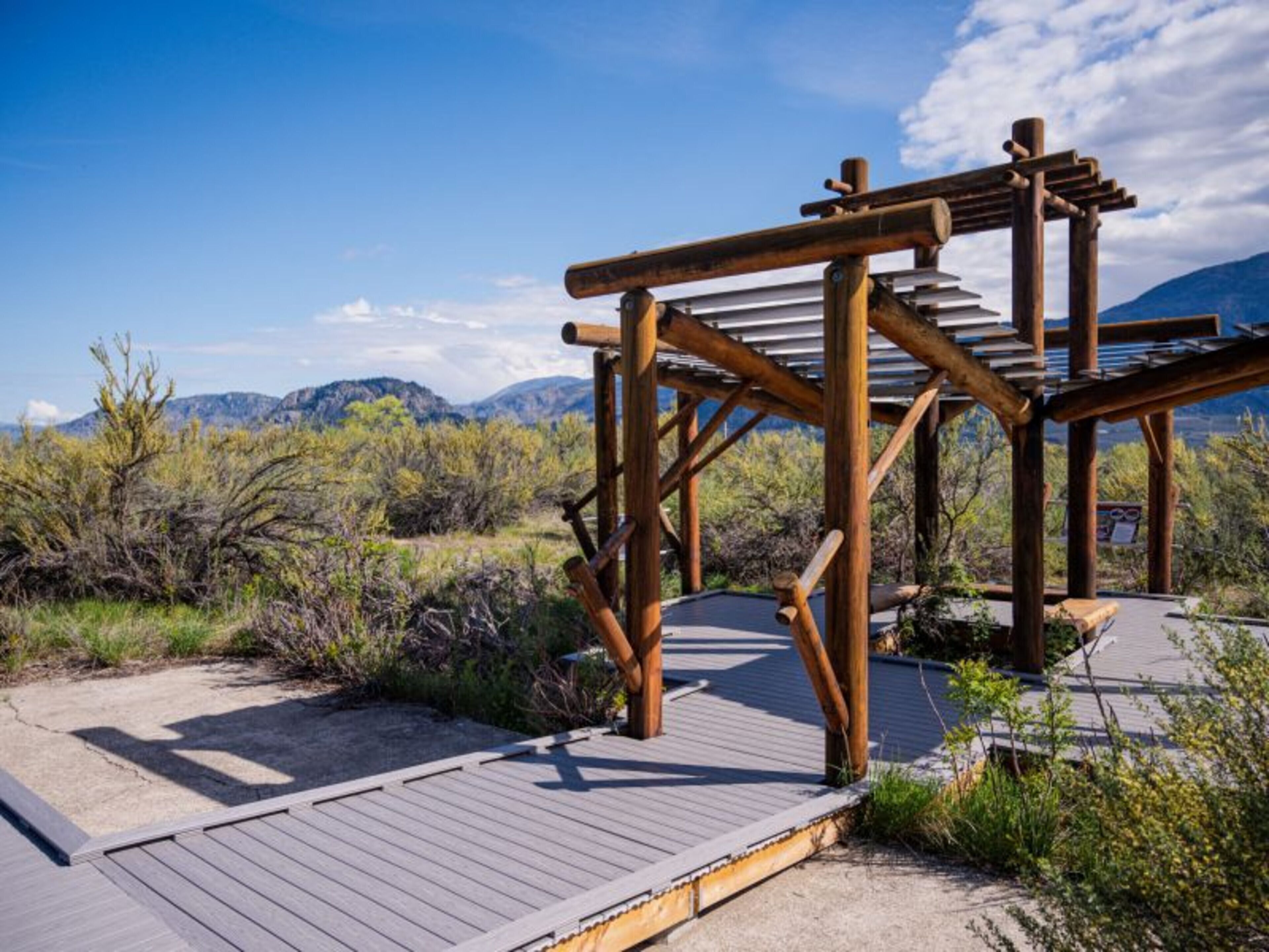 Una terraza de madera con baranda metálica, rodeada de vegetación desértica y montañas al fondo.