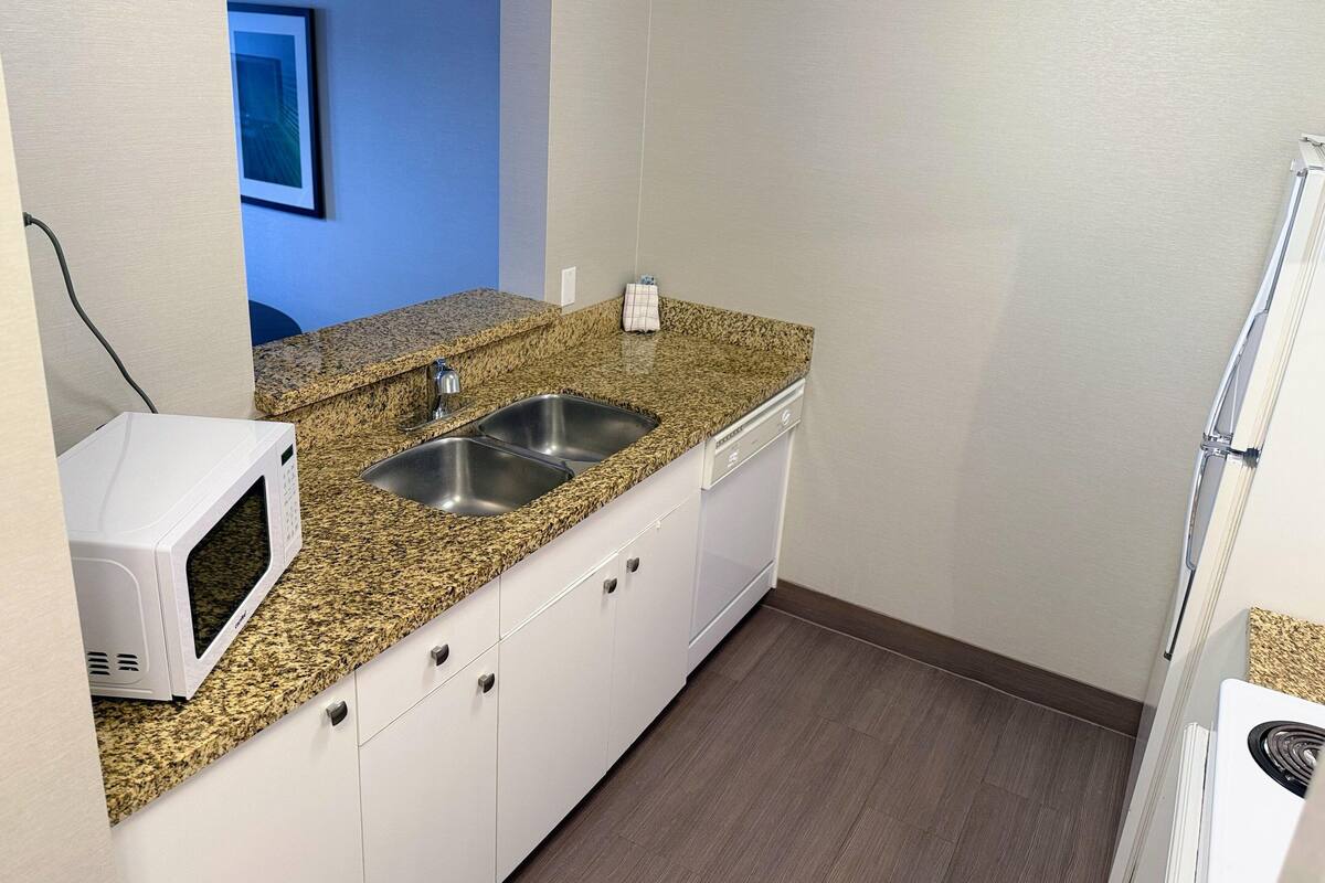 Una cocina compacta con encimeras de granito, un lavamanos doble, microondas y lavavajillas.