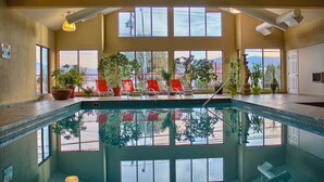 An indoor swimming pool with clear water, surrounded by windows and potted plants.