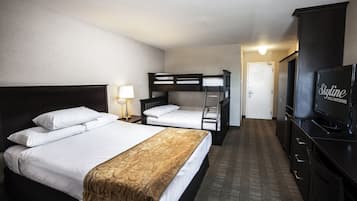 Desk, laptop workspace, blackout curtains, iron/ironing board