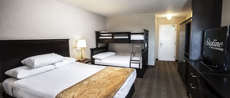 Desk, laptop workspace, blackout curtains, iron/ironing board