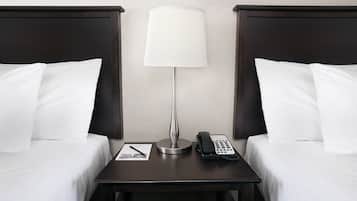 Desk, laptop workspace, blackout curtains, iron/ironing board