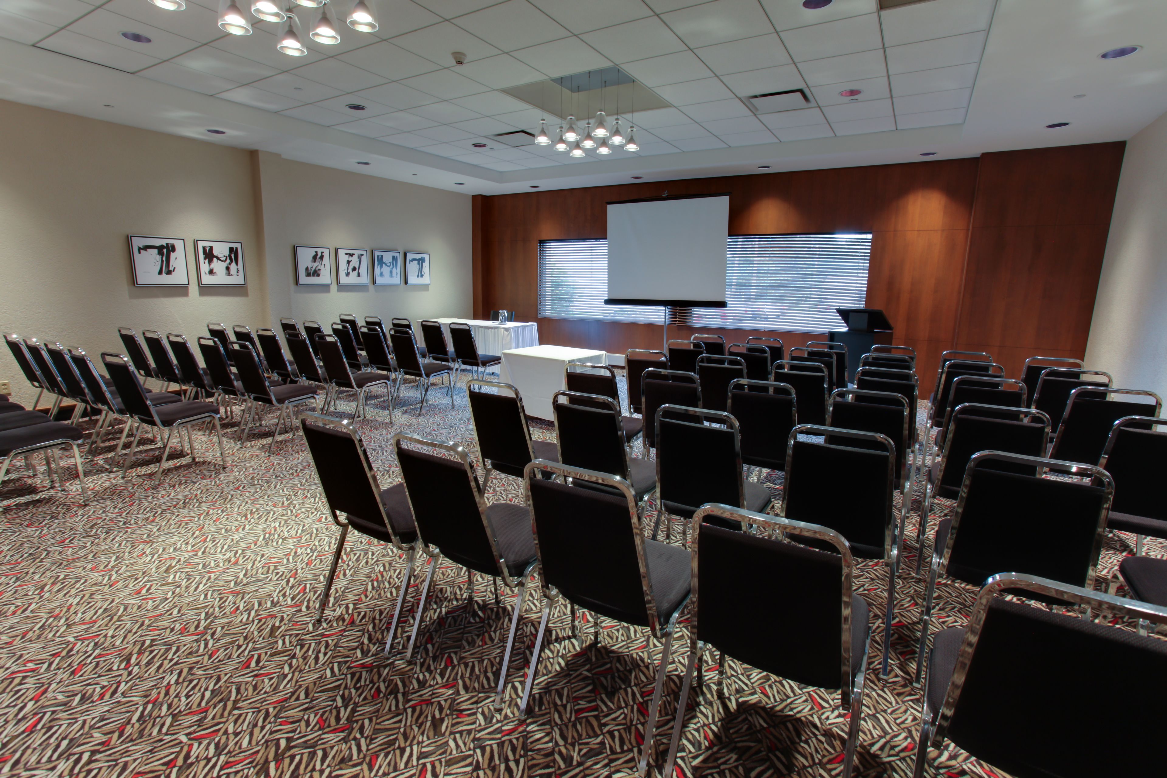 Un salón de conferencias con filas de sillas, una pantalla de proyector y un atril.