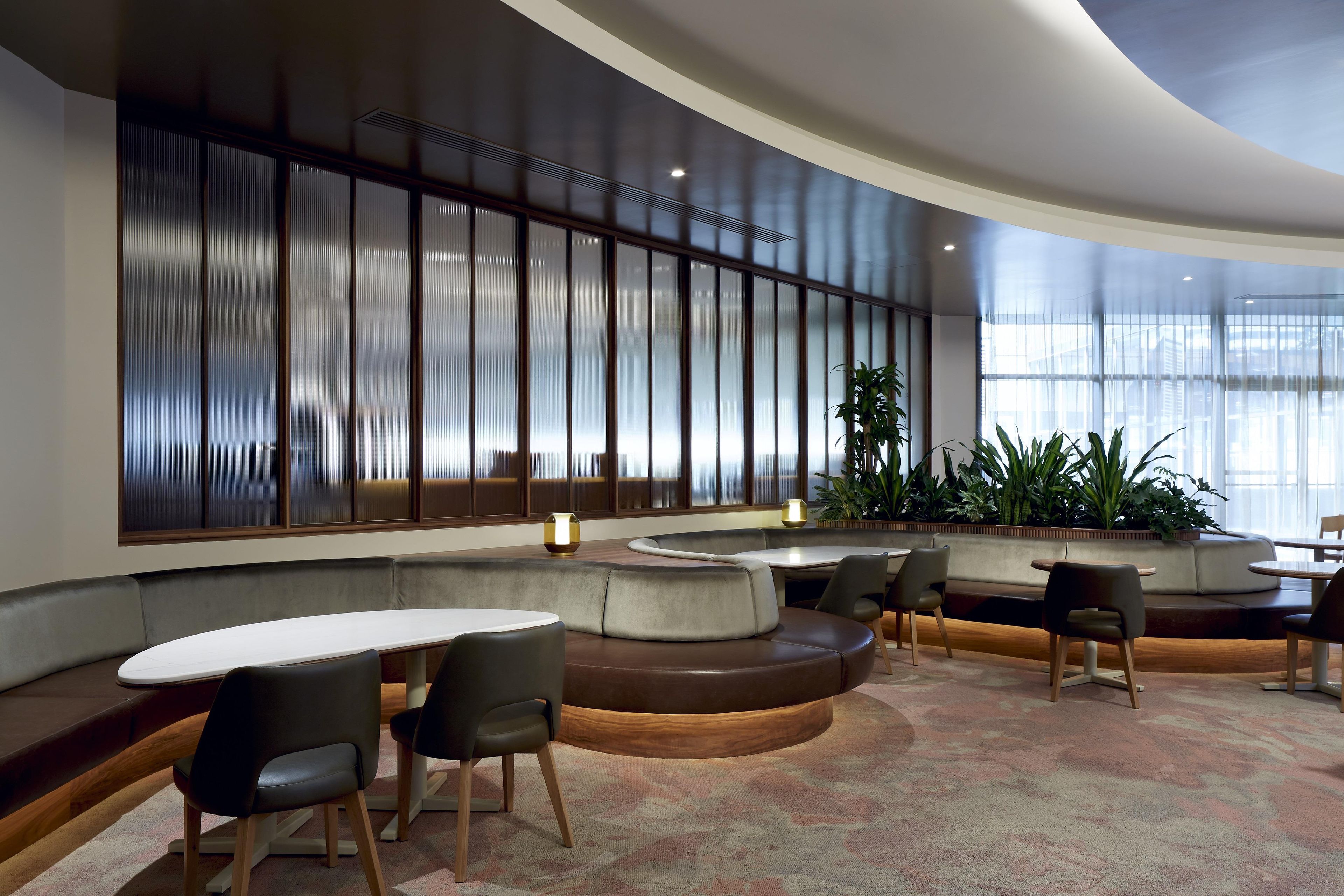 A modern interior with seating areas, a large window, and a decorative plant.
