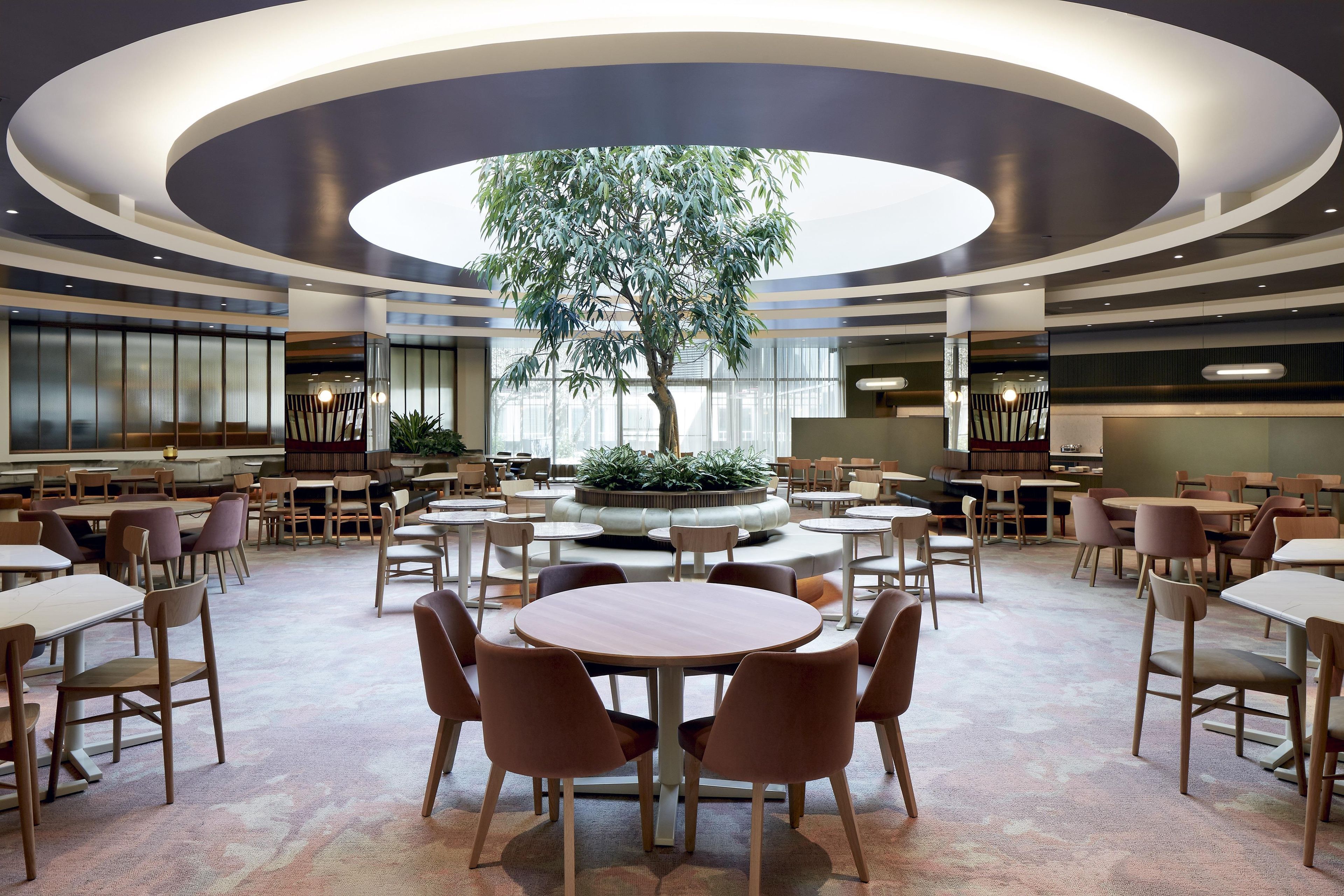 Un vaste espace intérieur aménagé avec différents types de sièges, notamment des tables et des chaises rondes, et un arbre central.