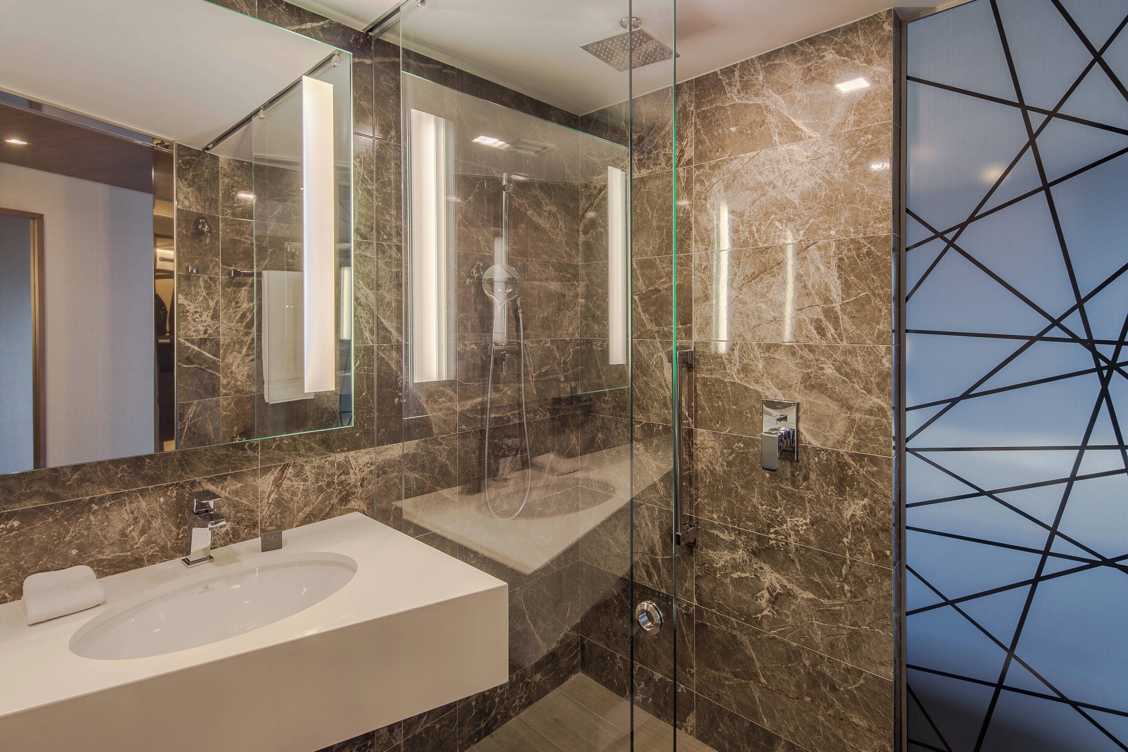 shower, rainfall showerhead, hair dryer, heated floors